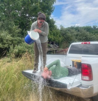 Mackenzie Dickson dumps a cooler of water on Carl Malinsky after a hot day of plant diversity at Smithsonian Conservation Biology Institute (SCBI) in Virginia. 